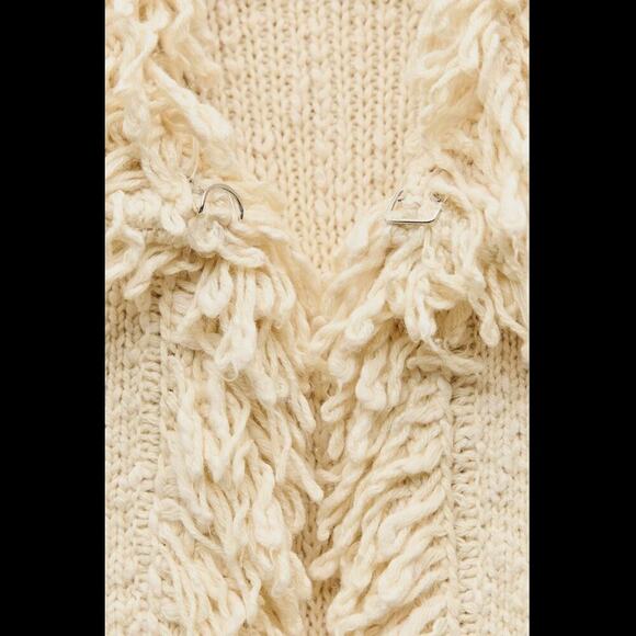 ZARA Wool-Blend Fringe Knit Cardigan NWT – Ecru Textured Jacket, Size XL - Picture 13 of 16